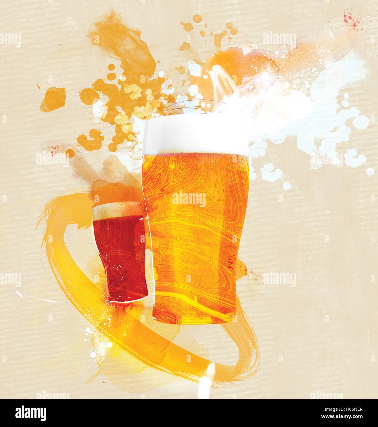 Zwei Gläser Bier auf Beige Hintergrund Stockfoto