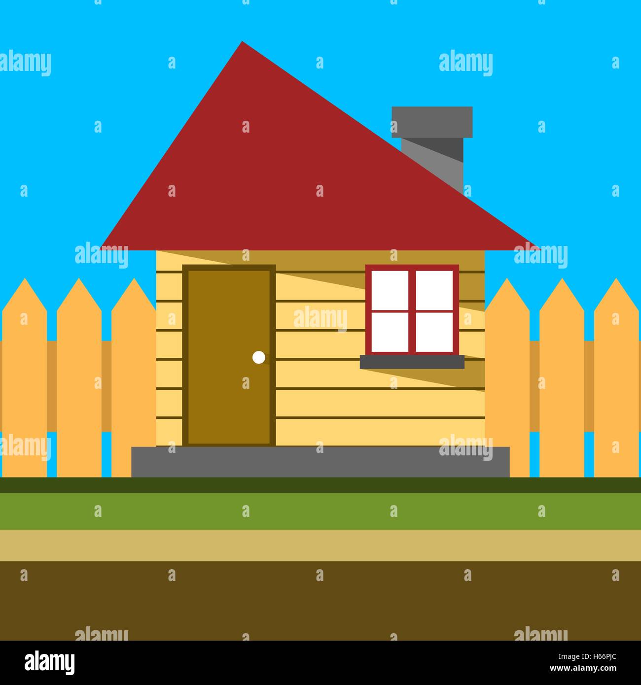 Vektor traditionellen Dorfhaus mit Zaun und blauer Himmel Stock Vektor