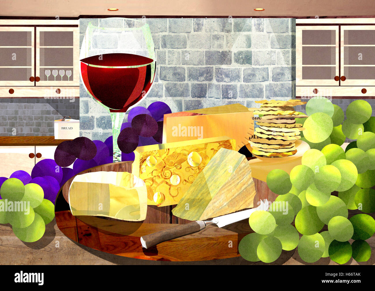 Stillleben mit Käse, Weintrauben und Rotwein Stockfoto