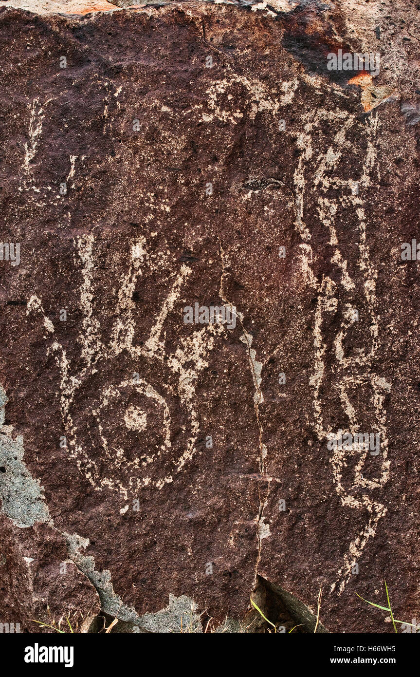 Handabdruck und Schlange Jornada Mogollon Stil Felsmalereien an drei Flüssen Petroglyph Site, in der Nähe von Sierra Blanca, New Mexico, USA Stockfoto