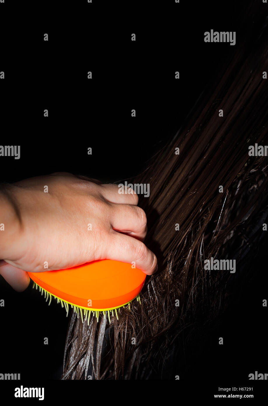 Hand ist nasses Haar bürsten, bevor sie mit der Schere schneiden. Stockfoto