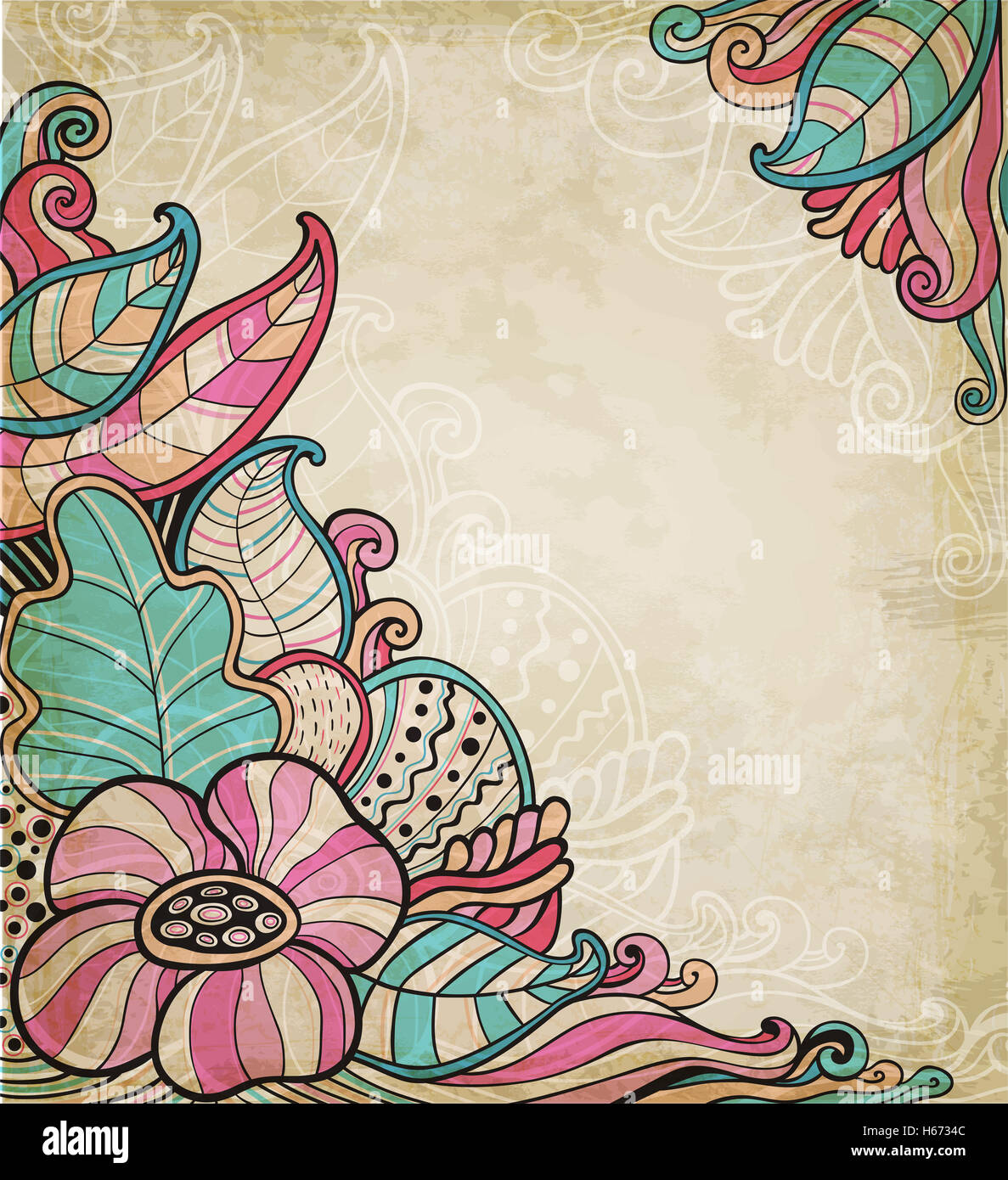 Abstrakte Blumen Hintergrund mit Blüten und Blättern. Vintage Deko-Hintergrund. Handgezeichnete Abbildung. Stockfoto