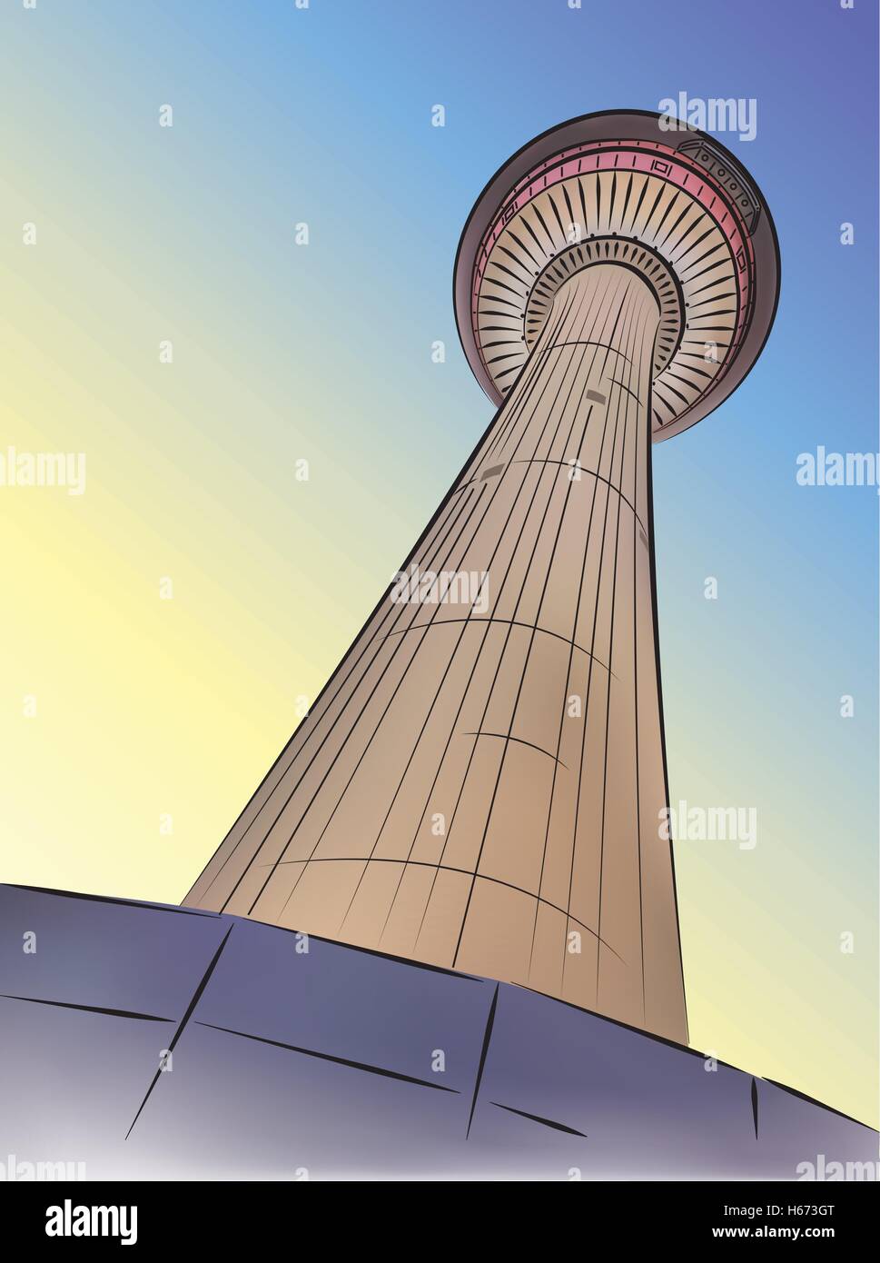 Blick hinauf auf den Calgary Tower, in Downtown Calgary, Alberta, Kanada - Vektor-Illustration. Stock Vektor