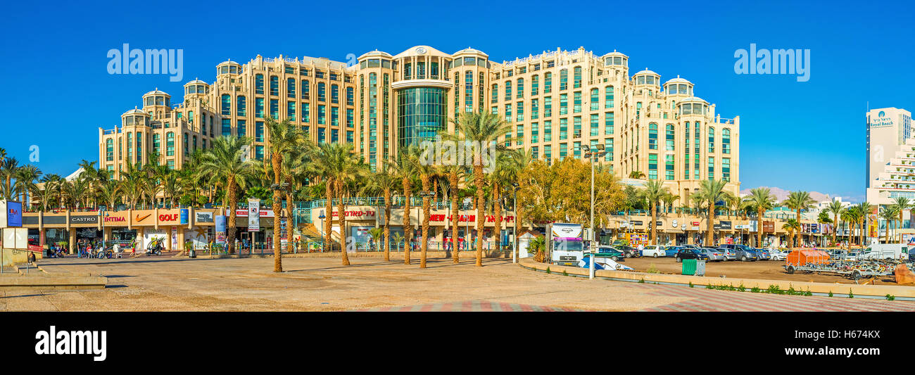 Das Zentrum von luxuriösen israelischen Resort wird durch die modernen Hotelanlagen und Einkaufszentren, Eilat besetzt. Stockfoto