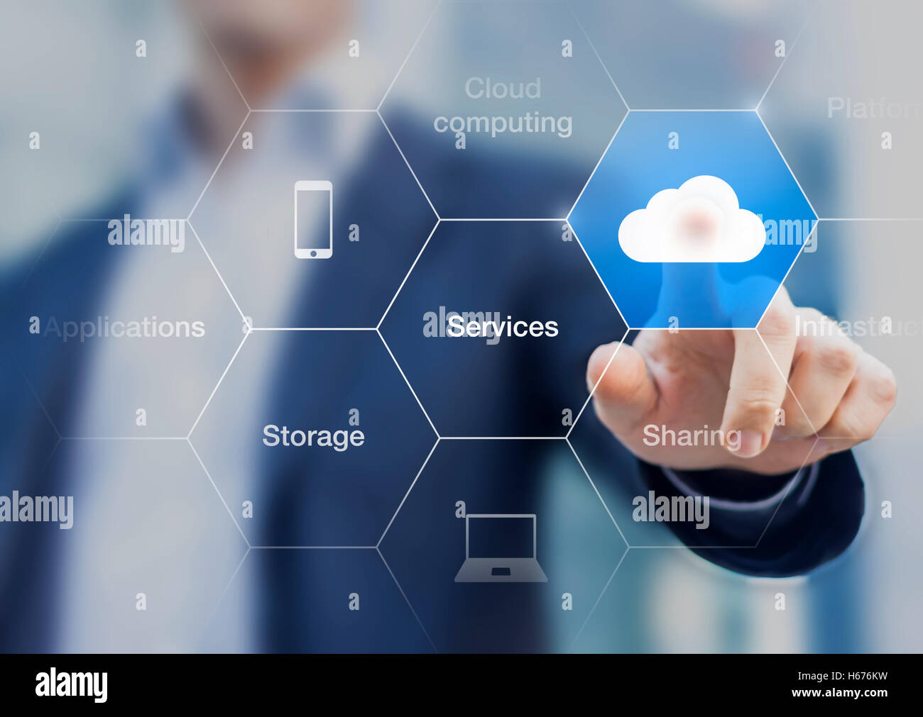 Konzept über Cloud Computing, Anwendungen, Speicher und Services mit einem Geschäftsmann das Berühren einer Taste auf virtuellen Bildschirm Stockfoto