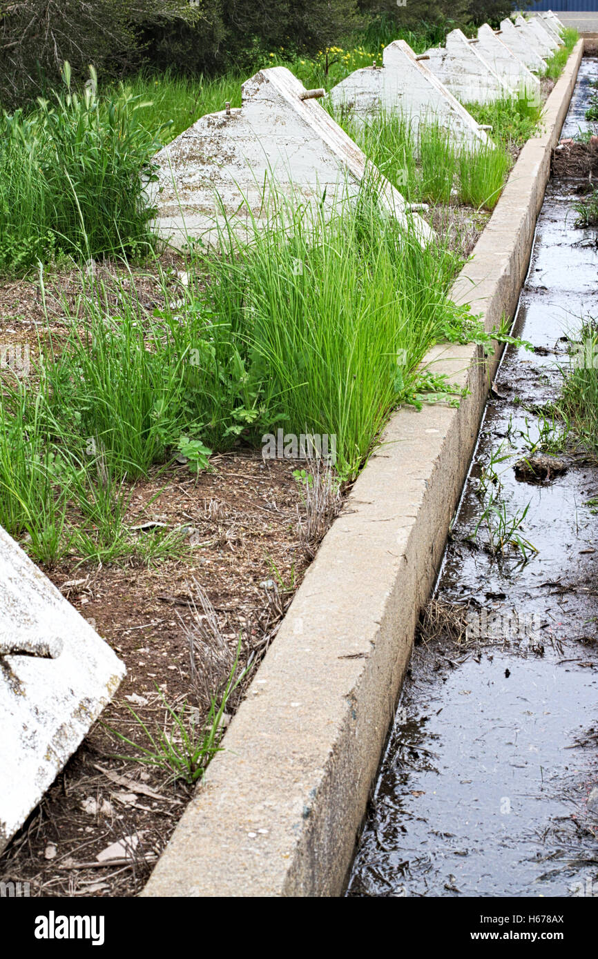 Dreieckigen weißen Blöcke gesetzt entlang der Kante des Abflusses mit Wasser und grünen Rasen um aufwachsen. Stockfoto