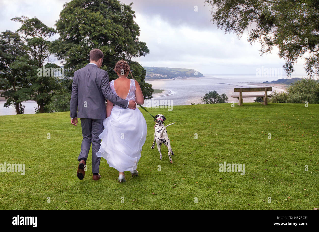 Braut und Bräutigam und ihren Hund bei ihrer Hochzeit. Dalmatiner mit seinem frisch vermählte Besitzer. Stockfoto