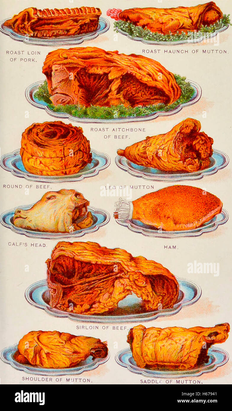 Verschiedene Fleischstücke in Vintage Kochbuch angezeigt Stockfoto