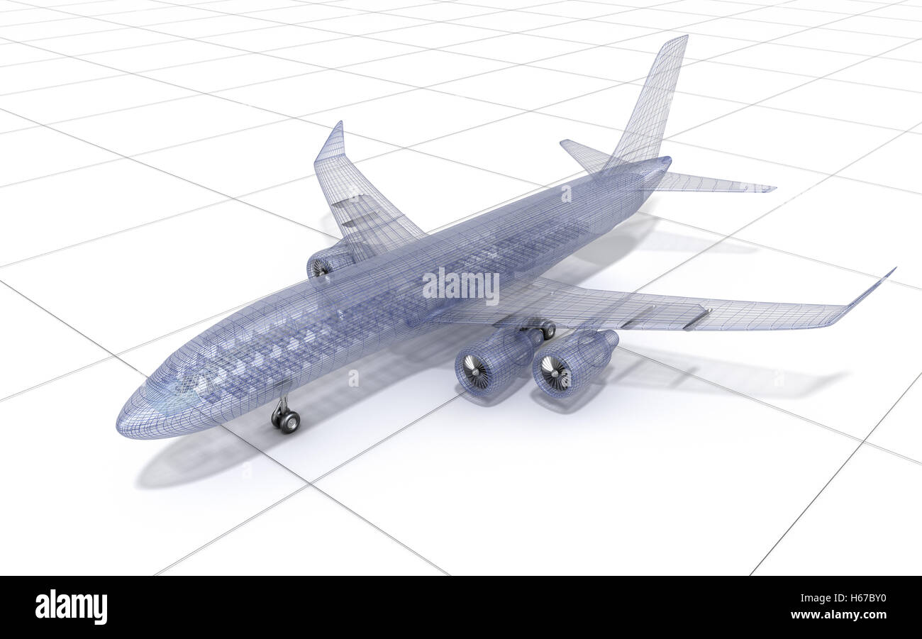 Draht Flugzeugmodell, isoliert auf weiss. 3D illustration Stockfoto