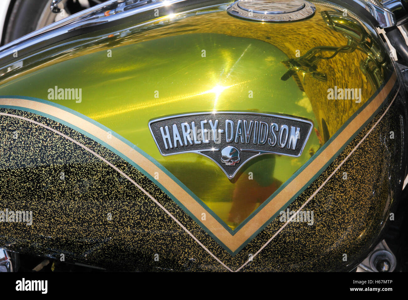 Nahaufnahme von Harley Davidson Motorrad Benzintank Stockfoto