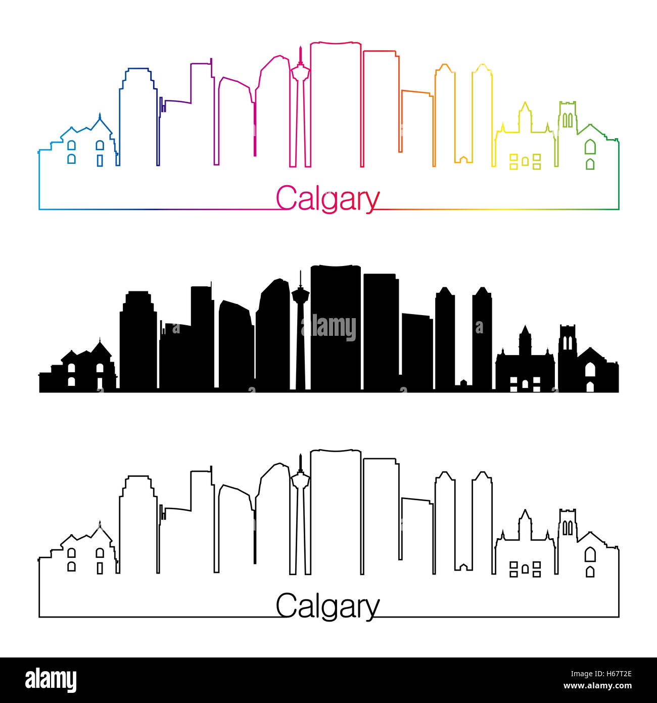 Calgary Skyline linearen Stil mit Regenbogen in bearbeitbare Vektordatei Stockfoto