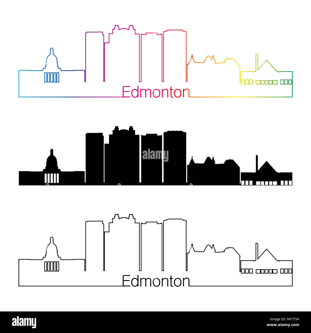Edmonton V2 Skyline linearen Stil mit Regenbogen in bearbeitbare Vektordatei Stockfoto