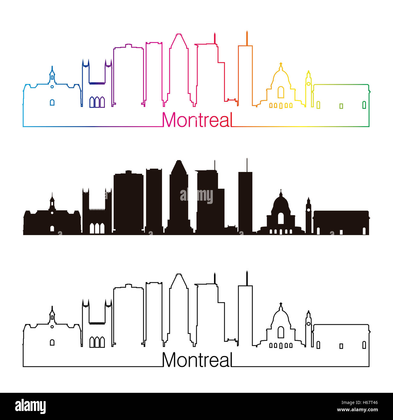 Montreal Skyline linearen Stil mit Regenbogen in bearbeitbare Vektordatei Stockfoto