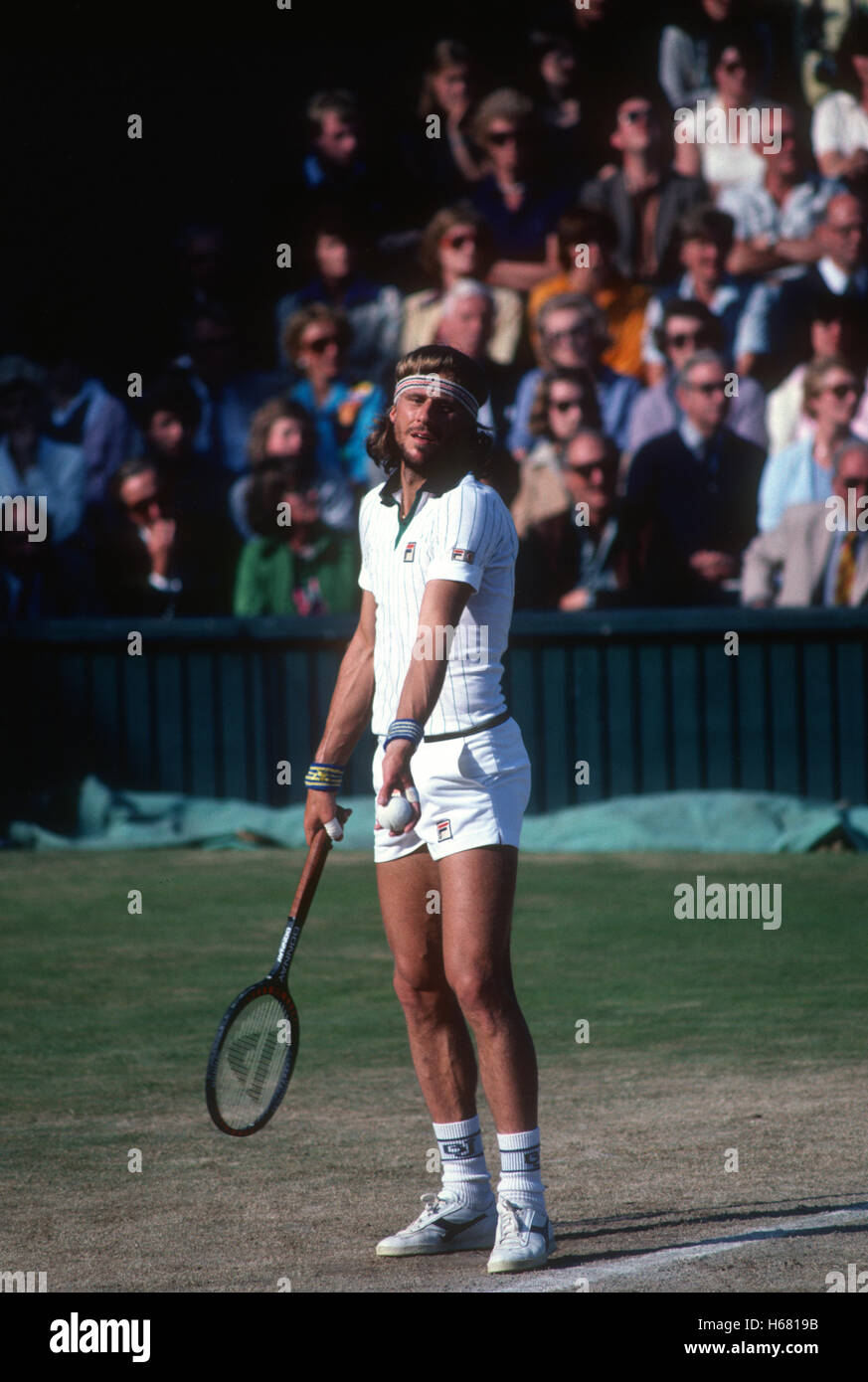 Bjorn Borg in Aktion in Wimbledon, 1980, Einzel-Jahr gewann er seinen fünften Titel in der Champonships. Stockfoto