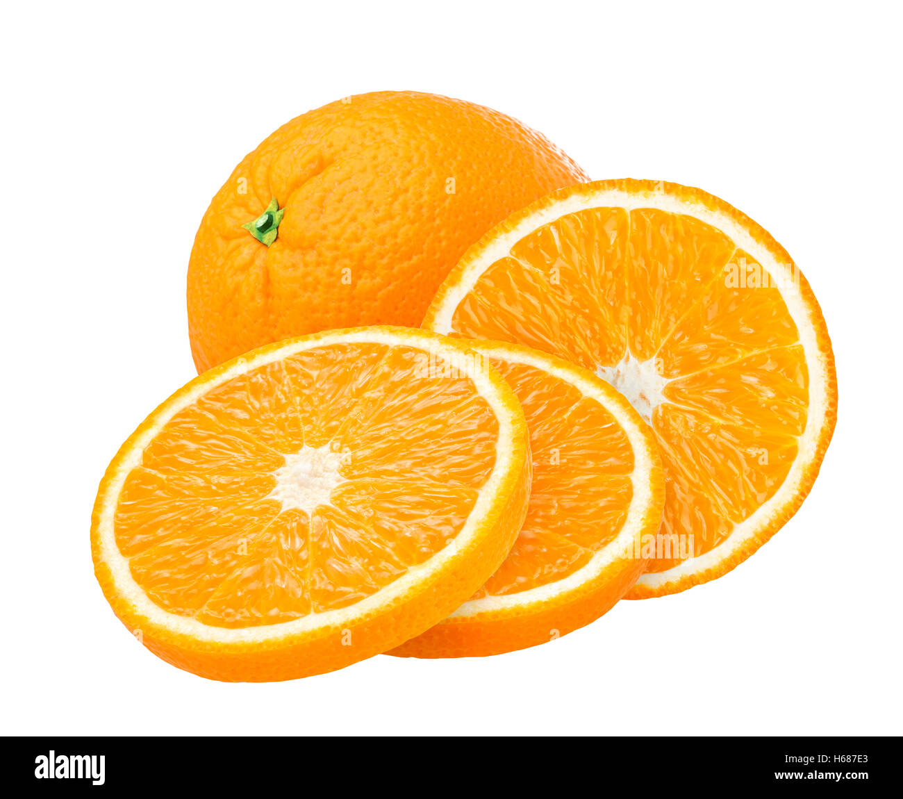 Slise von Orangenfrucht isoliert auf weißem Hintergrund Stockfoto