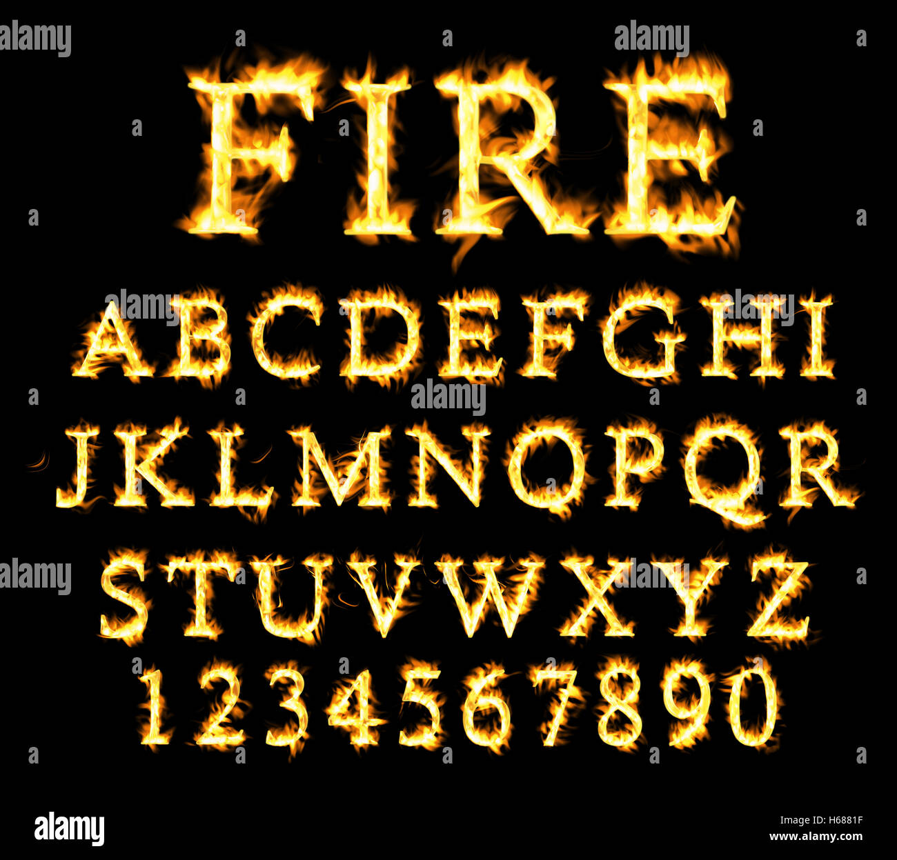 Sammlung von Schriftarten, Alphabet der Flamme Feuer. Stockfoto