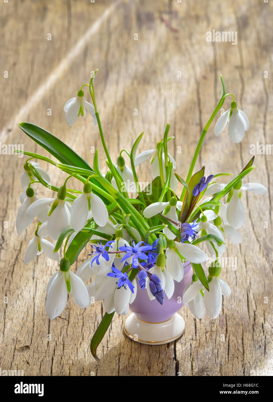 Schöner Blumenstrauß von Schneeglöckchen in Vase auf Holztisch  Stockfotografie - Alamy