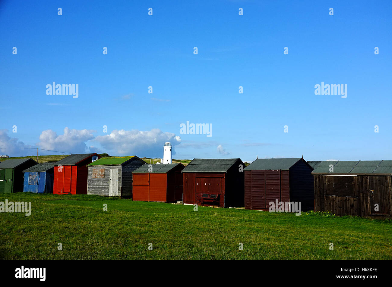 Alter Leuchtturm und Fischer Hütten in Portland Stockfoto