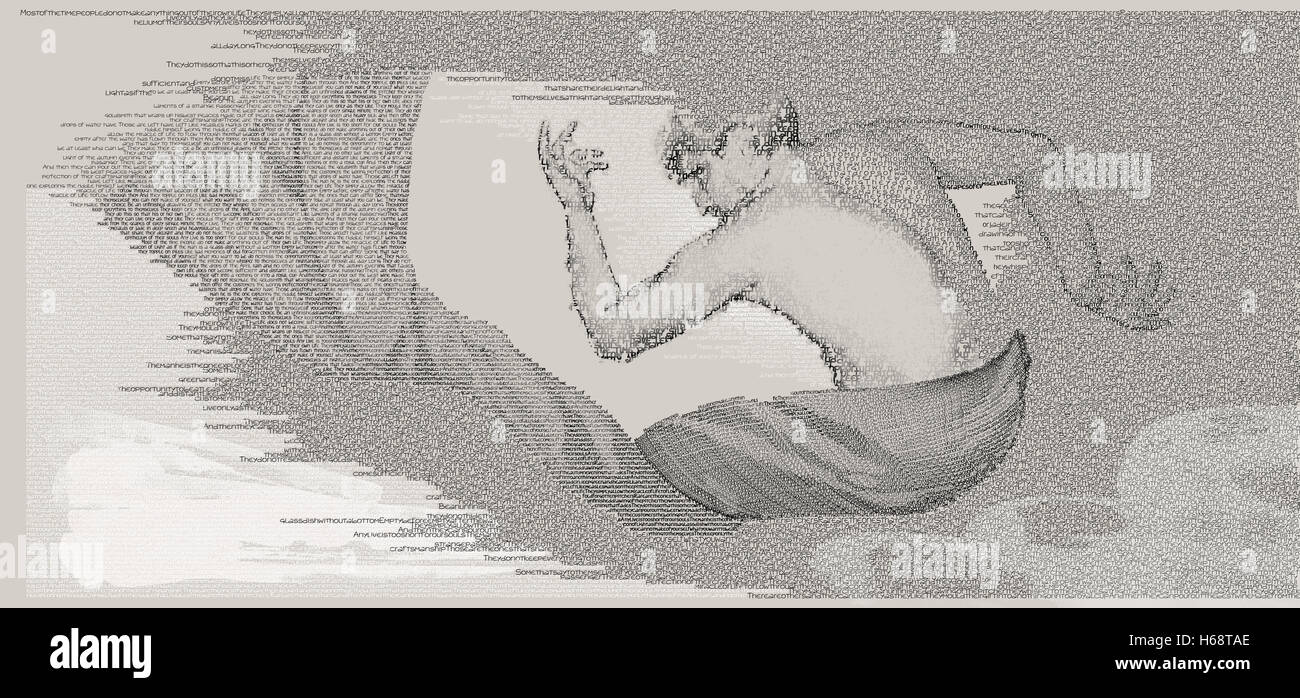 Mann in Verwirrung digitale Typografie Illustration des Mannes Figur gehüllt in ein Vorhang mit Armen weit offen, was darauf hindeutet Verwirrung Stockfoto