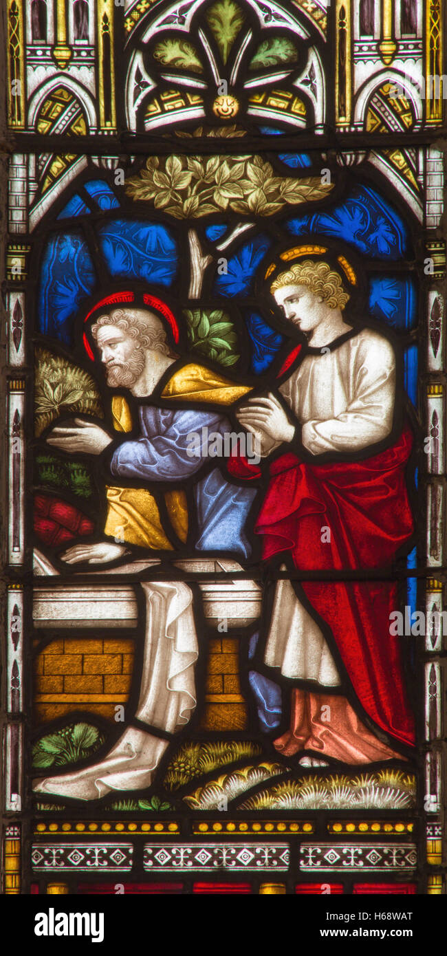 ROM, ITALIEN - MÄRZ 9. 2016: der Besuch des Petrus und Johannes bis zum leeren Grab auf die Glasmalerei von All Saints Anglican Church Stockfoto