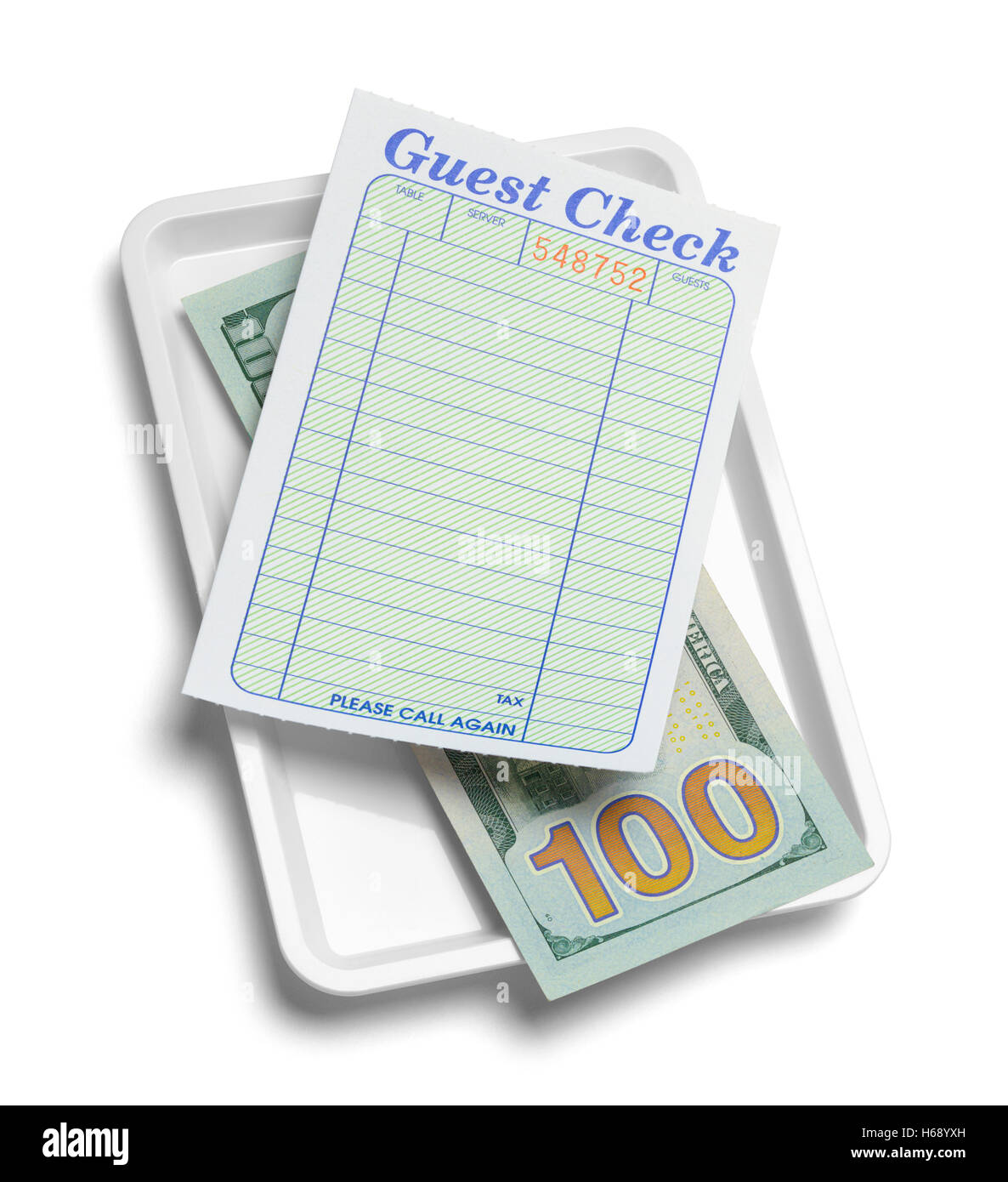 Quittung Tablett mit Geld und leere Guest Check isolierten auf weißen Hintergrund. Stockfoto