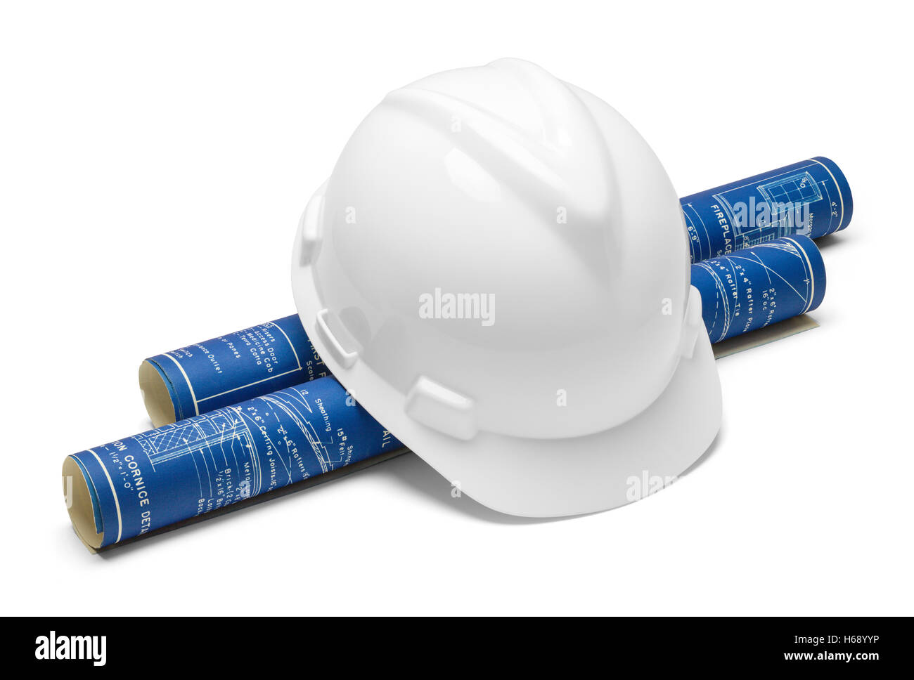 Weiß Schutzhelm und Blaupausen, Isolated on White Background. Stockfoto