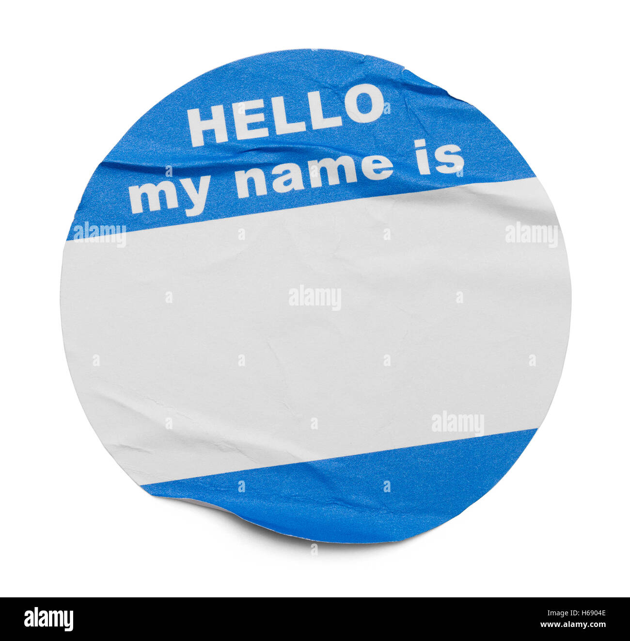 Faltige verwendete Runde Hallo Tag Isolated on White Background. Stockfoto