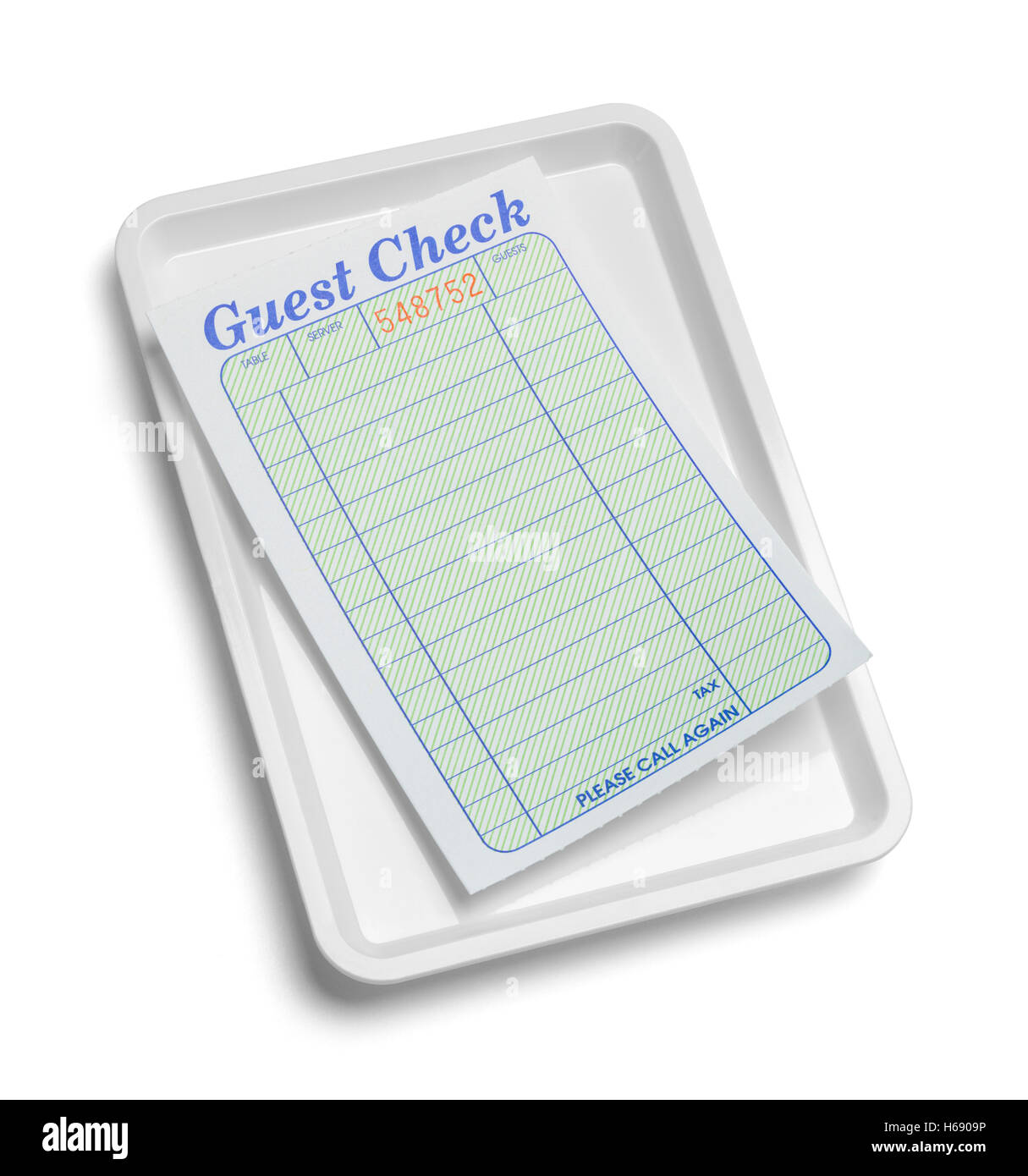 Eingang-Tablett mit leeren Gast überprüfen isolierten auf weißen Hintergrund. Stockfoto