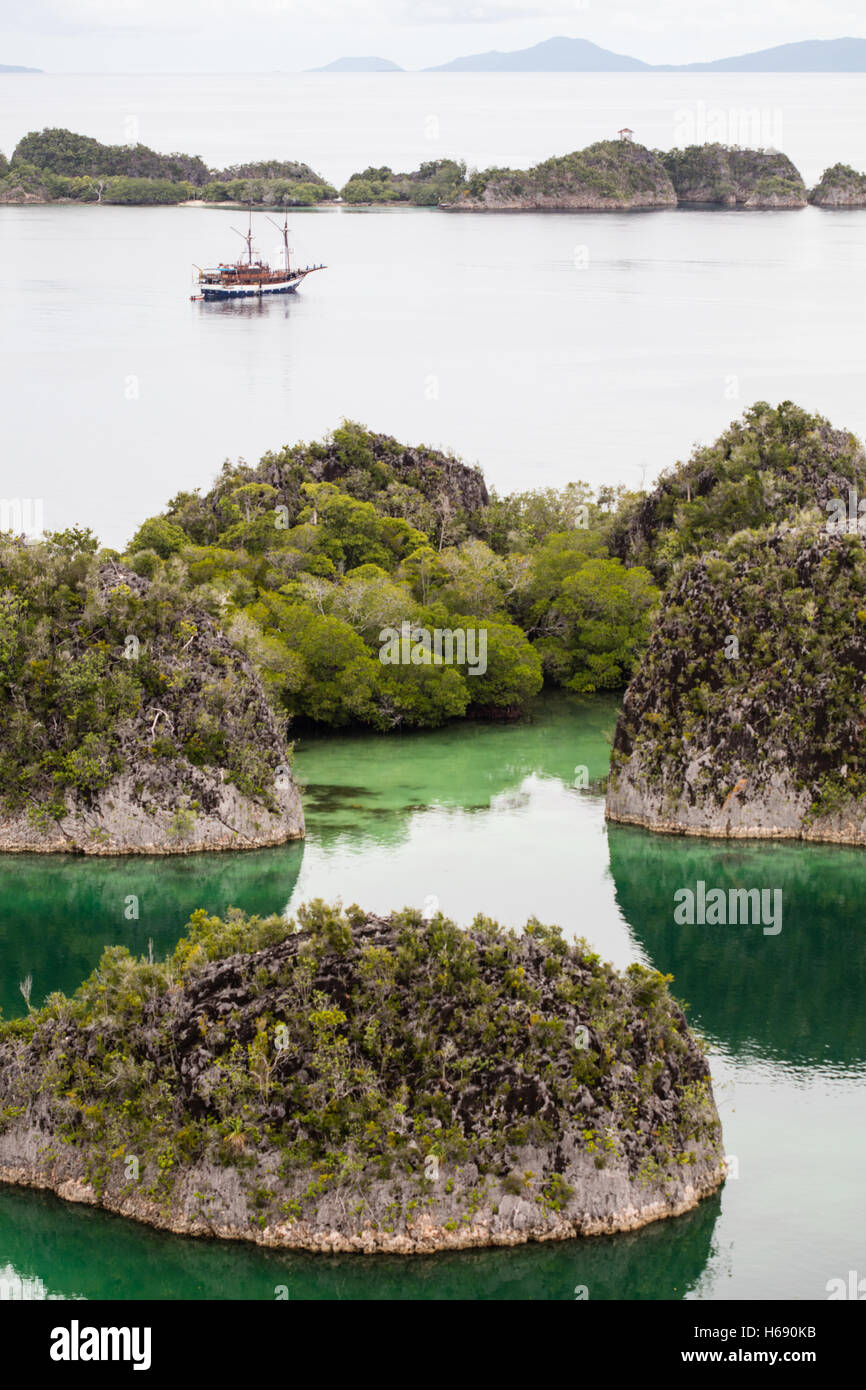 Eine schöne, tropische Lagune ist umgeben von zerklüfteten Kalksteininseln in einem abgelegenen Teil von Raja Ampat, Indonesien. Stockfoto