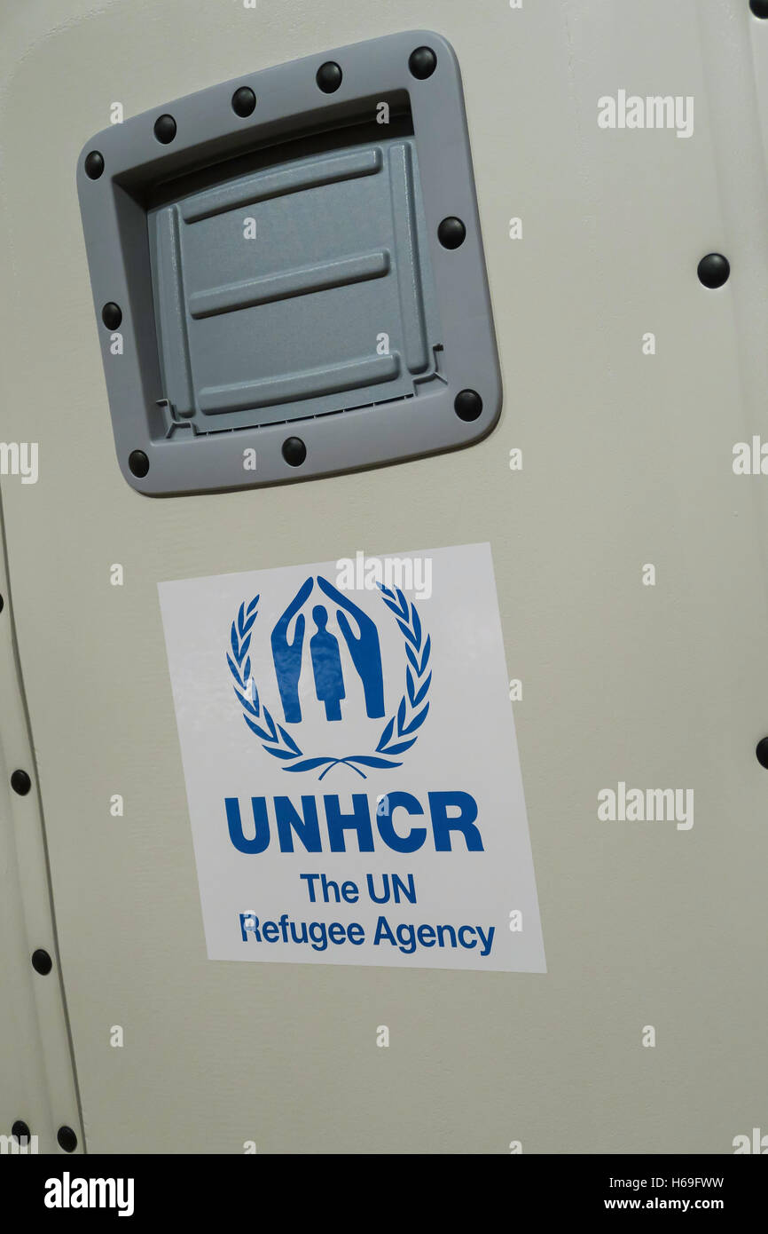 Das Amt des Hohen Kommissars der Vereinten Nationen für Flüchtlinge (UNHCR) Anzeige. MoMa, New York Stockfoto