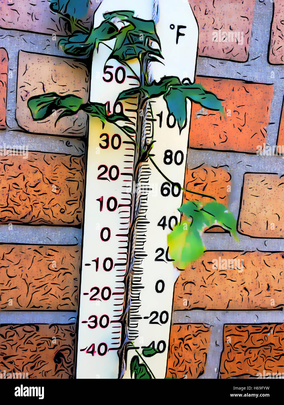 Vintage außen-Quecksilber-in-Glas-Thermometer auf Mauer mit Efeu, USA Stockfoto