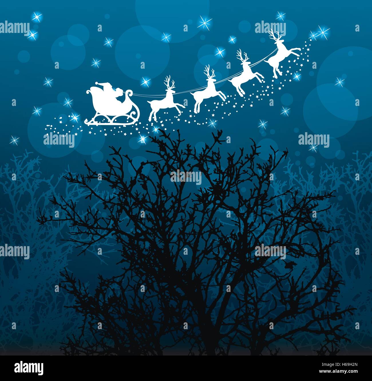 Vektor Weihnachten Urlaub Hintergrund mit Santa Claus, Rentiere, Sterne und Bäume Stock Vektor