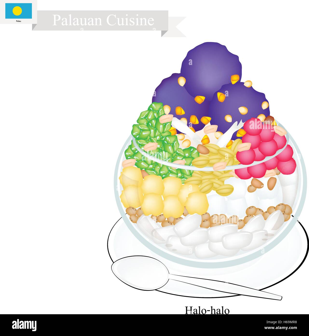 Palauan Küche, Halo Halo oder traditionelle rasiert Eis, Milch mit verschiedenen Früchten und Bohnen. Eines der beliebtesten Desserts in Pal Stock Vektor