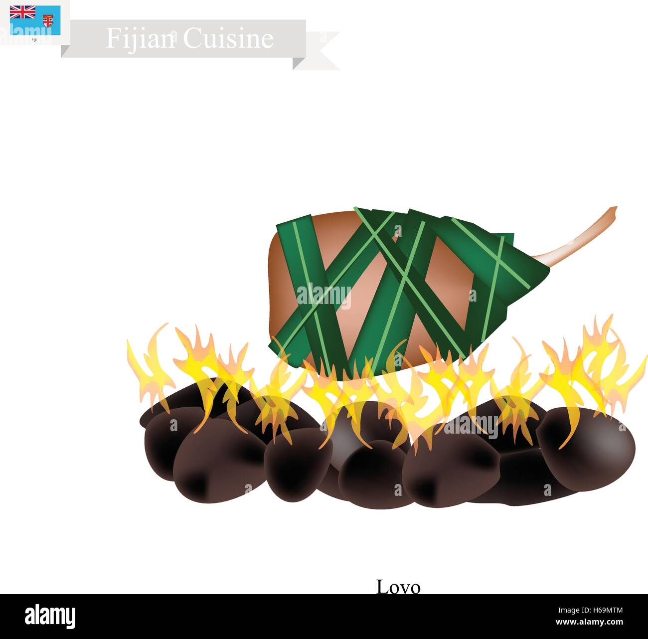 Fidschianische Küche, Illustration von Lovo oder traditionelle Lebensmittel gemacht aus Fleisch und Gemüse werden in Bananenblättern oder Palm Leav verpackt. Stock Vektor
