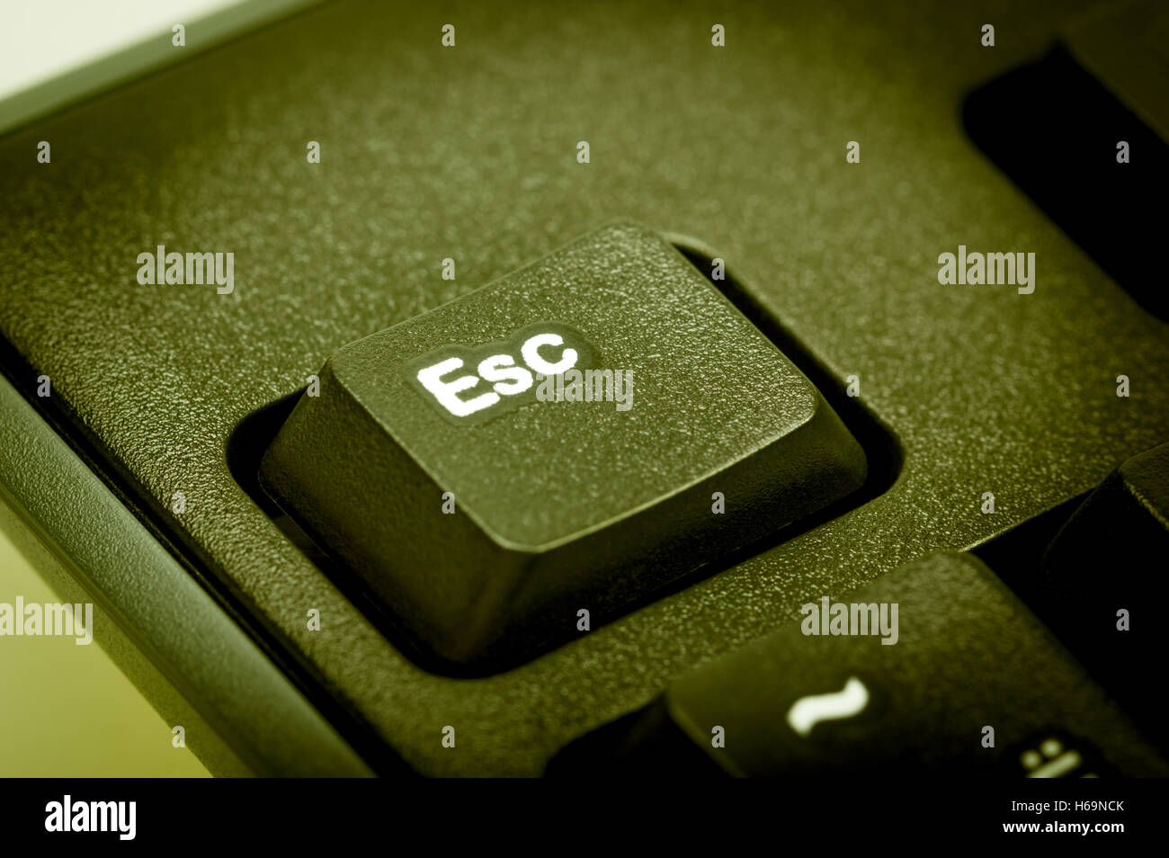 Elektronische Sammlung - Detail schwarz Computer-Tastatur. Der Schwerpunkt der Esc-Taste. Muskelaufbau ist grün. Stockfoto