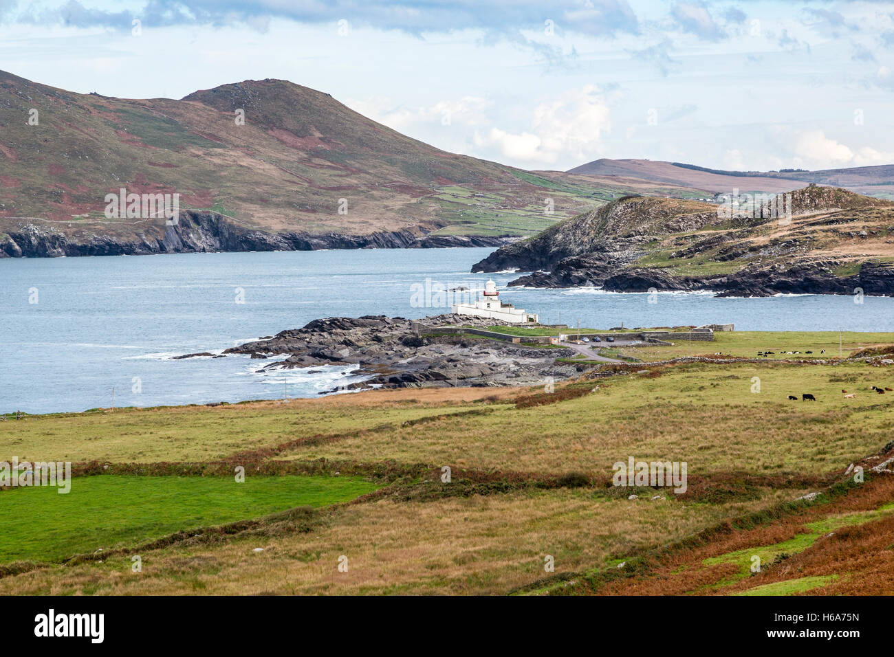 Valentia Island, County Kerry, Irland mit Leuchtturm in Ferne Stockfoto