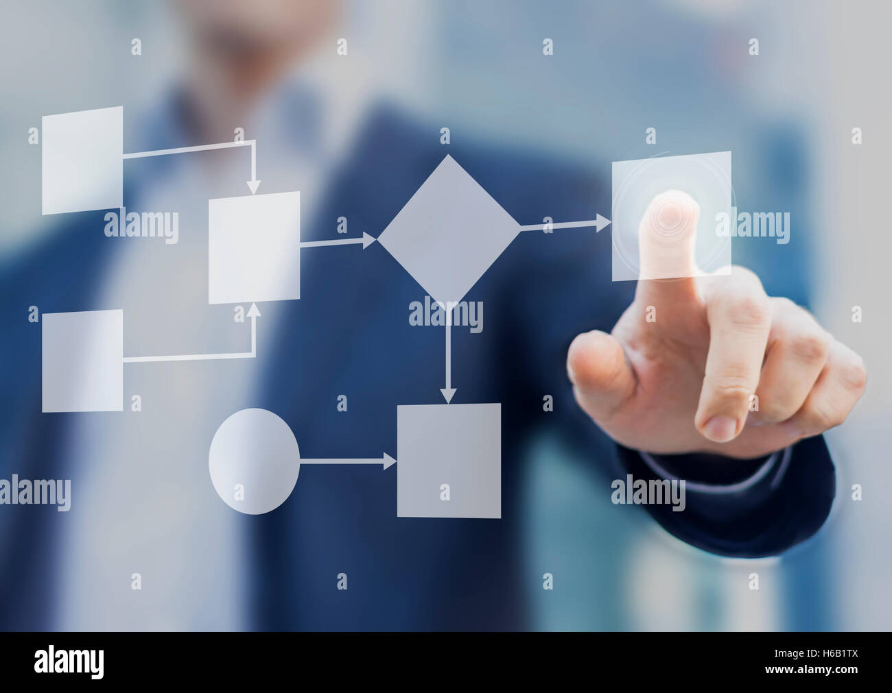 Business-Prozess- und Workflow-Automatisierung mit Flussdiagramm, Geschäftsmann im Hintergrund Stockfoto