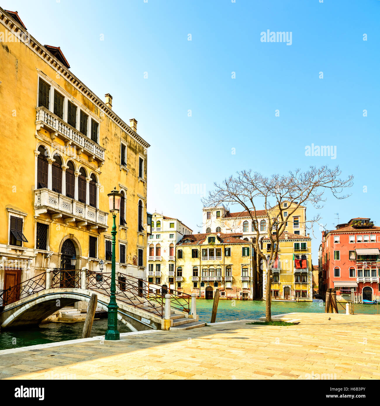 Venedig Stadtbild in Campo San Vio Square, Brücke, Baum und traditionellen Gebäude am Wasser Canale Grande. Italien, Europa. Stockfoto