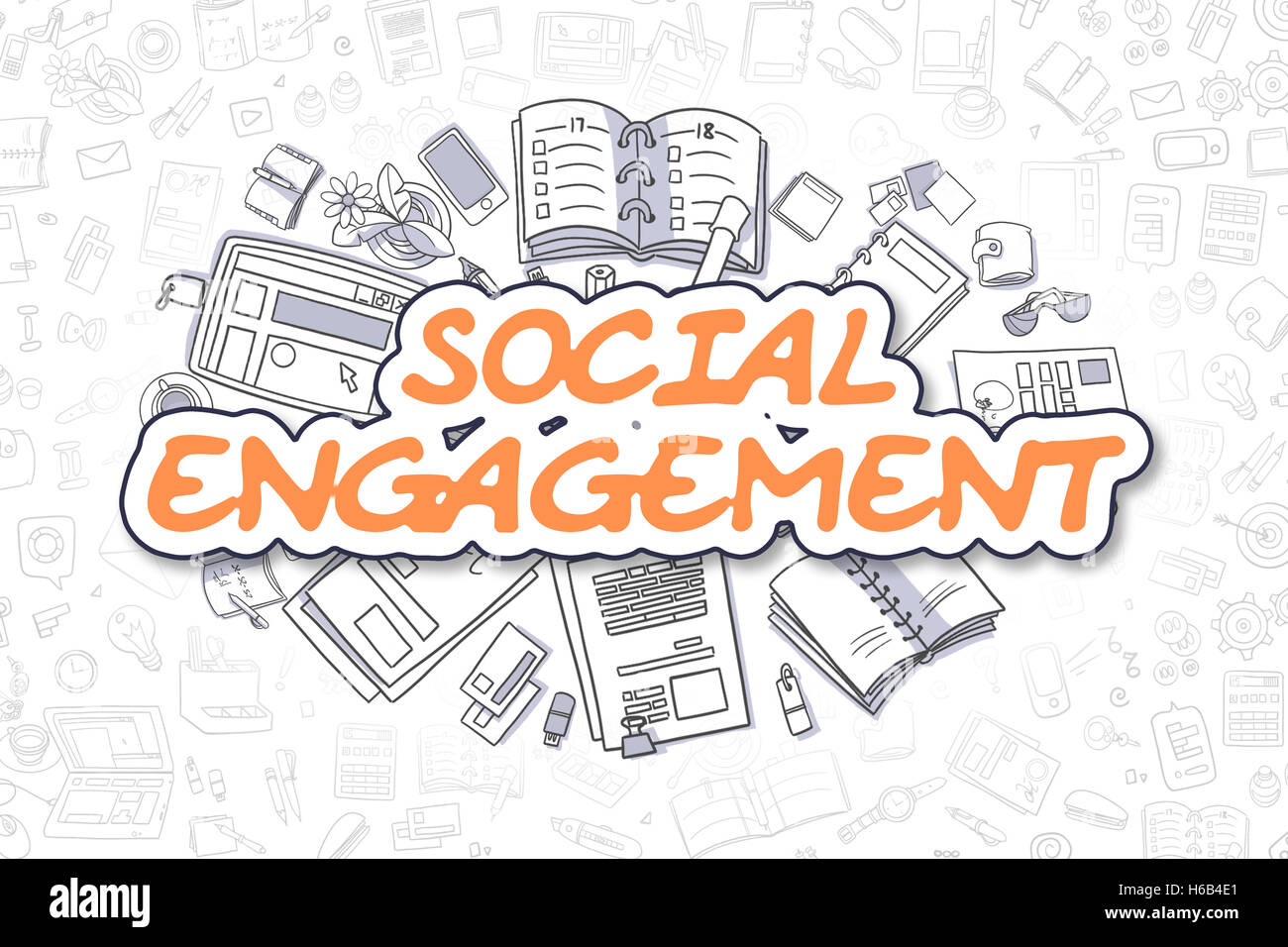 Soziales Engagement - Doodle Orange Text. Business-Konzept. Stockfoto