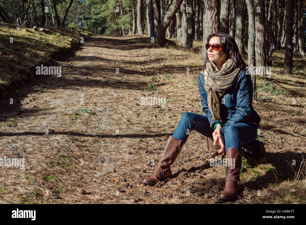 Junge Brünette Frau sitzt auf einem Baumstumpf im Wald Stockfoto