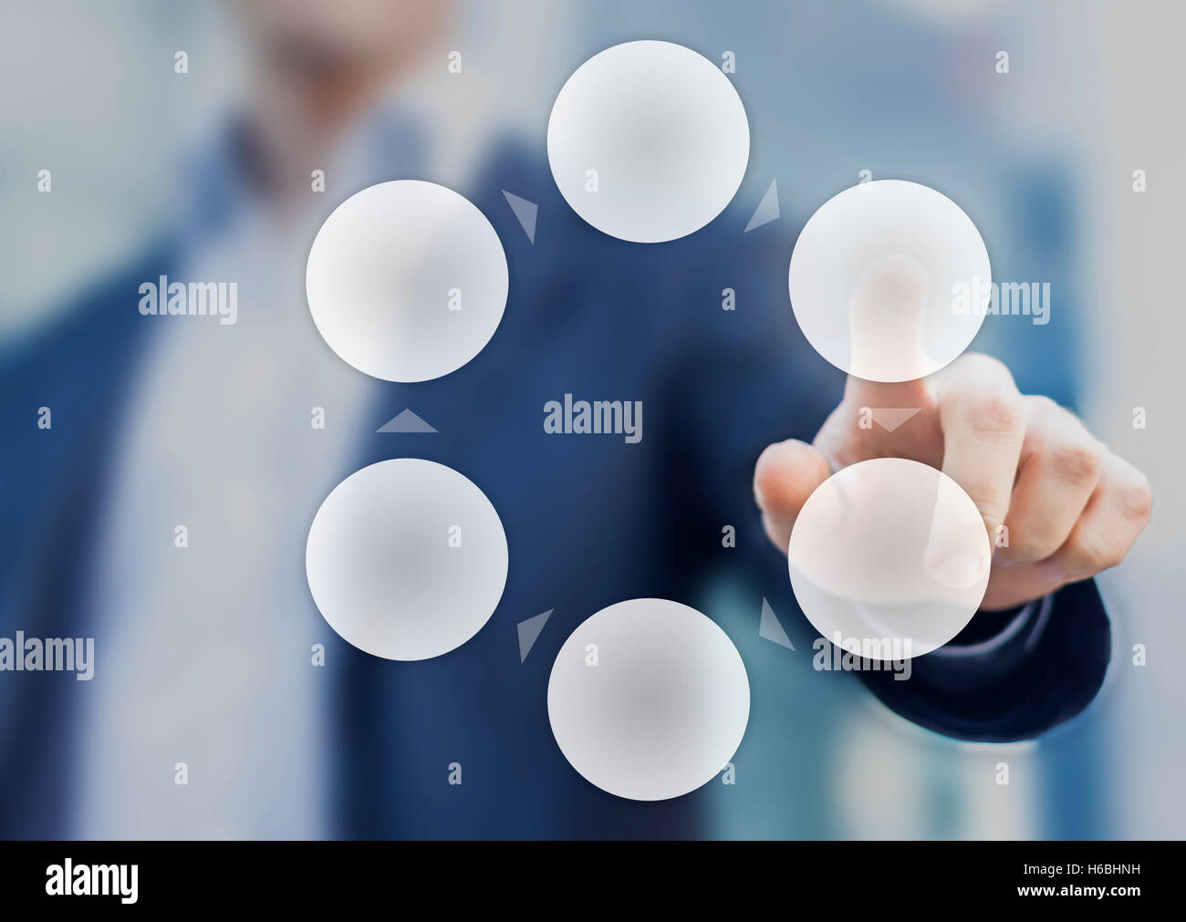 Präsentation von einem Zyklus Business Process Diagramm mit sechs leeren Kreise und ein Geschäftsmann im Hintergrund Stockfoto