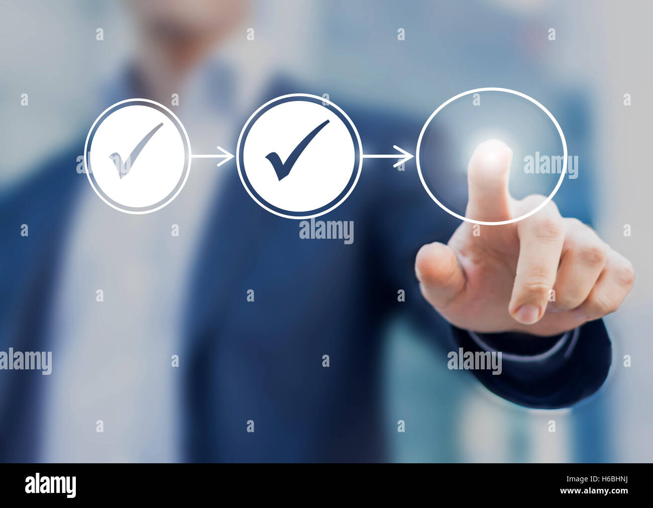 Business-Prozess-Workflow zur Veranschaulichung Genehmigung der Geschäftsleitung, Flussdiagramm mit Geschäftsmann im Hintergrund Stockfoto