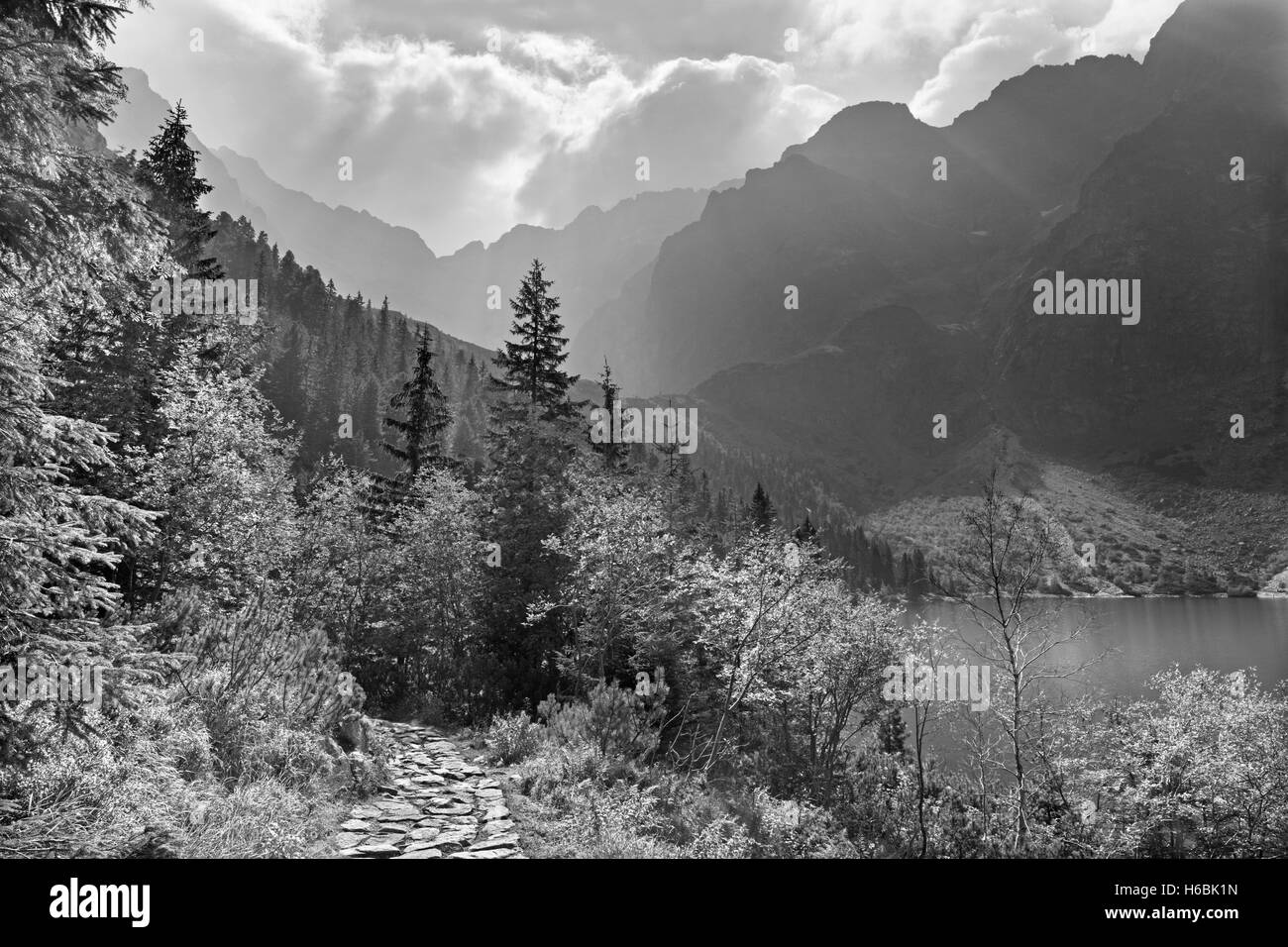 Hohe Tatra - touristische Weg Runde Morskie Oko-See im Gegenlicht Stockfoto