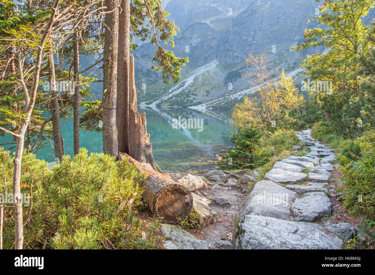 Hohe Tatra - Tourist genau umgekehrt der See Morskie Oko Stockfoto