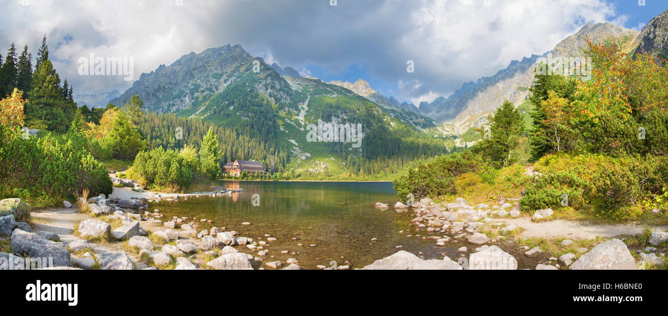 Hohe Tatra - Popradske Pleso See und Chalet Stockfoto