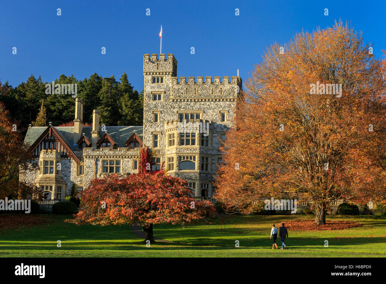 Hatley Castle königliche Straßen Universität mit herbstlichen Bäume-Victoria, British Columbia, Kanada. Stockfoto