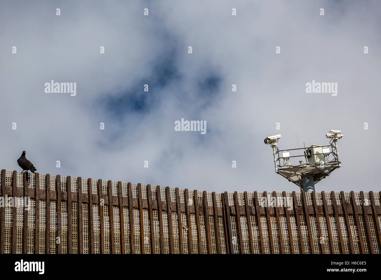 Tijuana, Mexiko - US Border Patrol Überwachung Kameras Spion auf einer Taube auf der US-mexikanischen Grenzzaun. Stockfoto