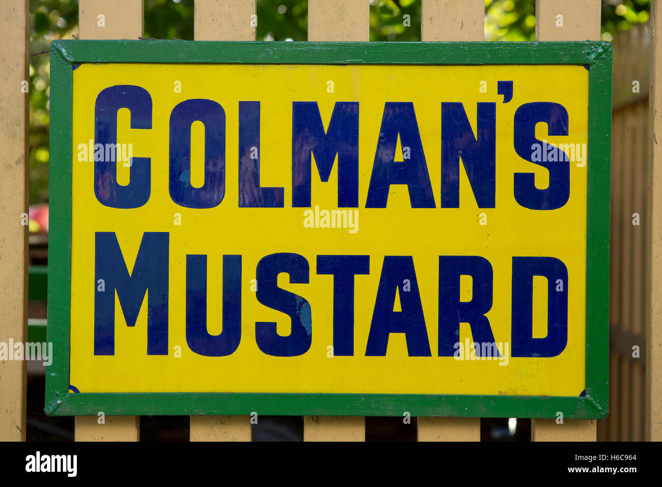 Vintage Colmans Senf Werbeschild. Blauer Schriftzug auf einem Senf gelb hinterlegt und grünen Rahmen. Stockfoto