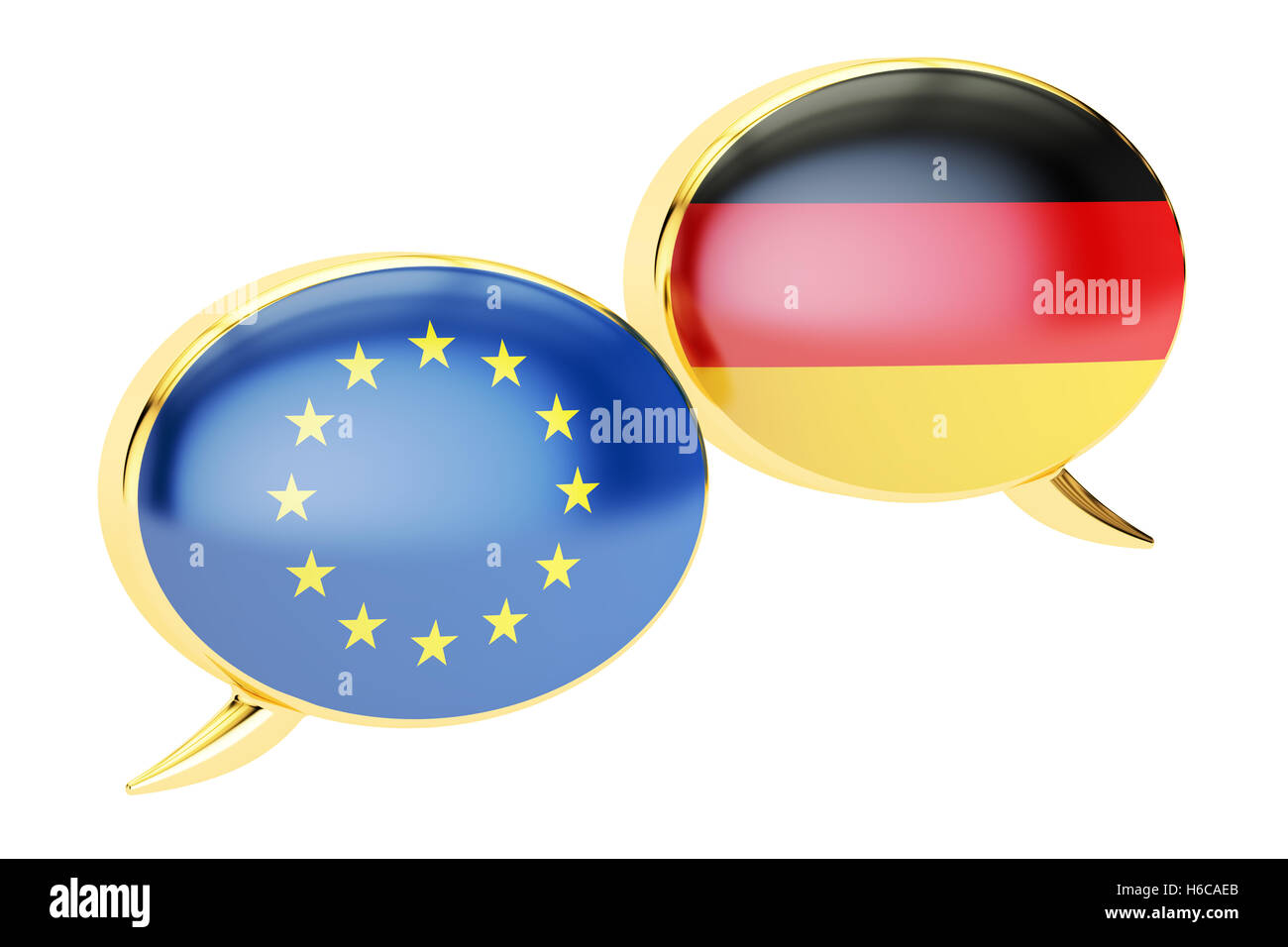 Sprechblasen, EU-Deutschland-Gespräch-Konzept. 3D-Rendering isoliert auf weißem Hintergrund Stockfoto
