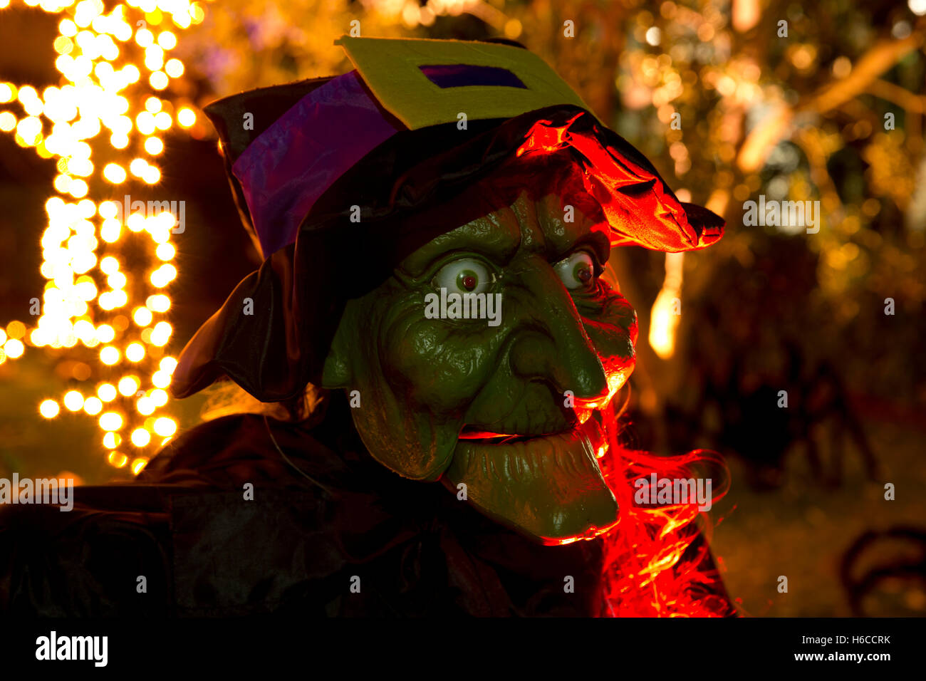Eine gruselige Hexe im Rahmen einer Halloween-Dekoration Stockfoto